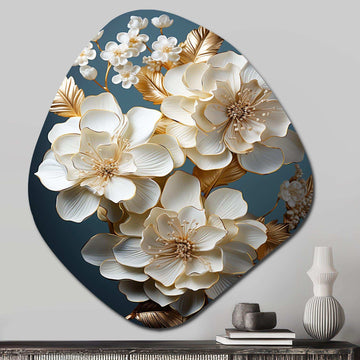 Baroque Hydrangea White And Gold I - Asymmetric Metal Wall Art